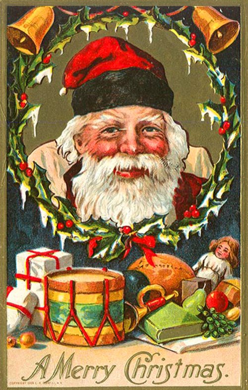 Victorian Santa Christmas Card with Toys & Holly Wreath