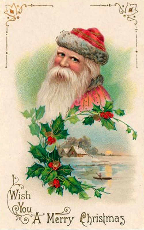 Victorian Christmas Santa Greeting Card with Holly - Merry Christmas Wishes