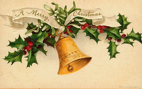 Victorian Merry Christmas Card with Gold Bell & Holly