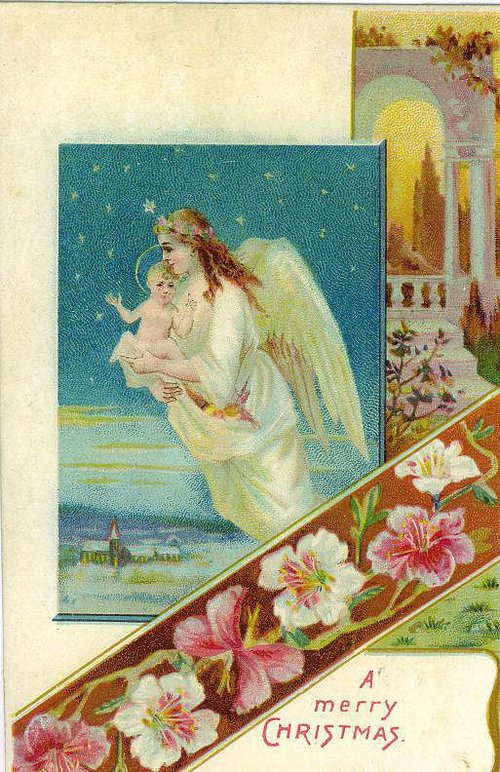Victorian Christmas Angel Card with Child & Winter Landscape