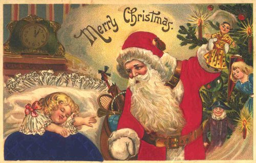 Victorian Merry Christmas Card with Santa & Angels