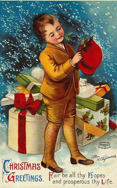 Victorian Christmas Greeting Card with Child & Gifts