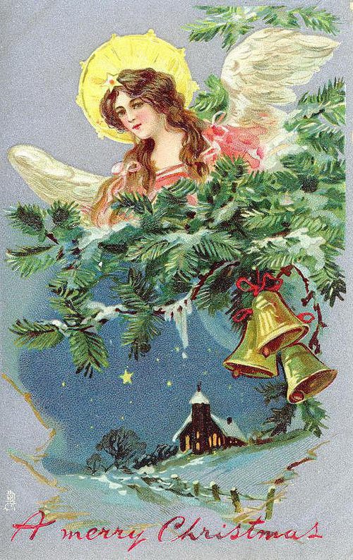 Victorian Angel Christmas Card with Snowy Cottage Scene