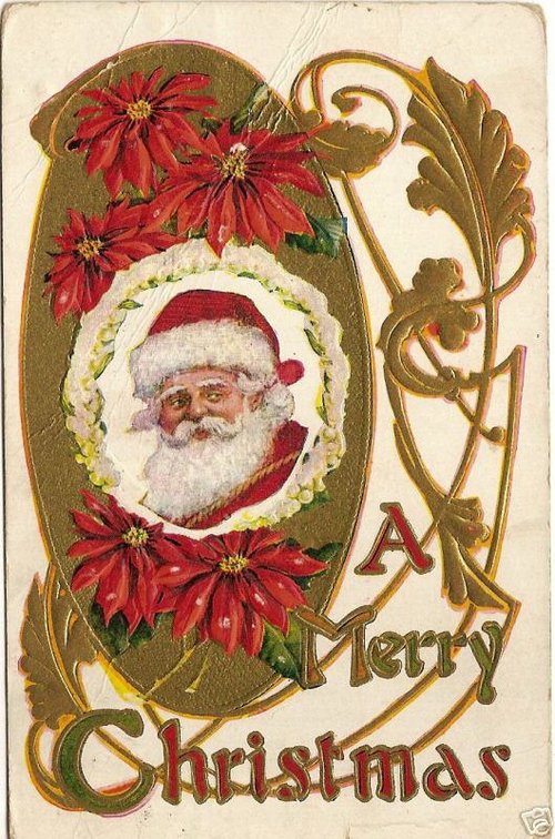 Victorian Santa Christmas Greeting Card with Red Poinsettias