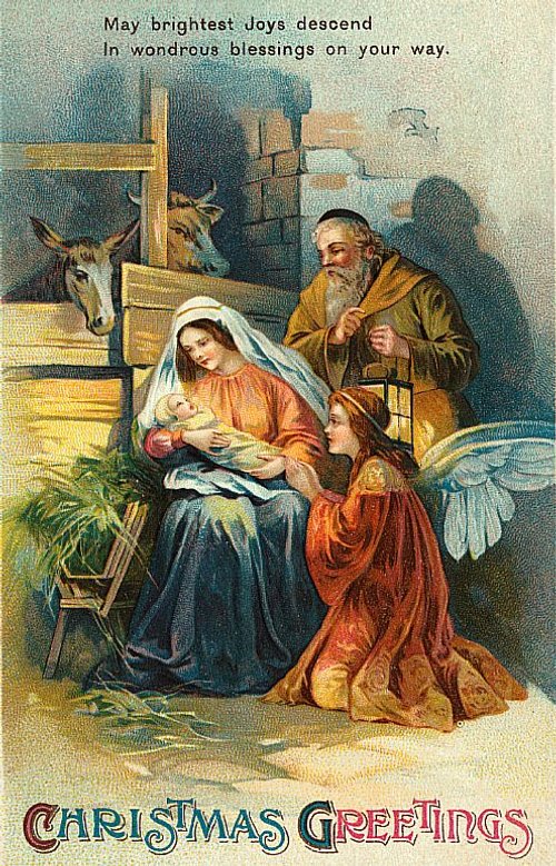Victorian Christmas Greeting Card with Nativity Scene & Angel