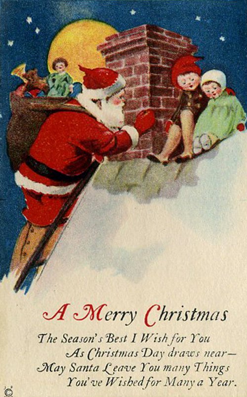 Vintage Santa Rooftop Christmas Card | Early 1900s Lithograph