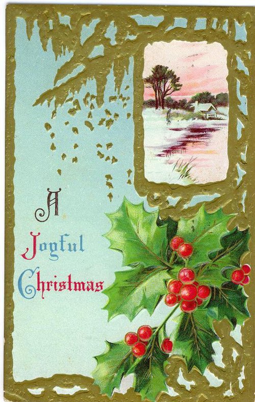 Victorian Christmas Greeting Card with Holly Berries & Winter Landscape