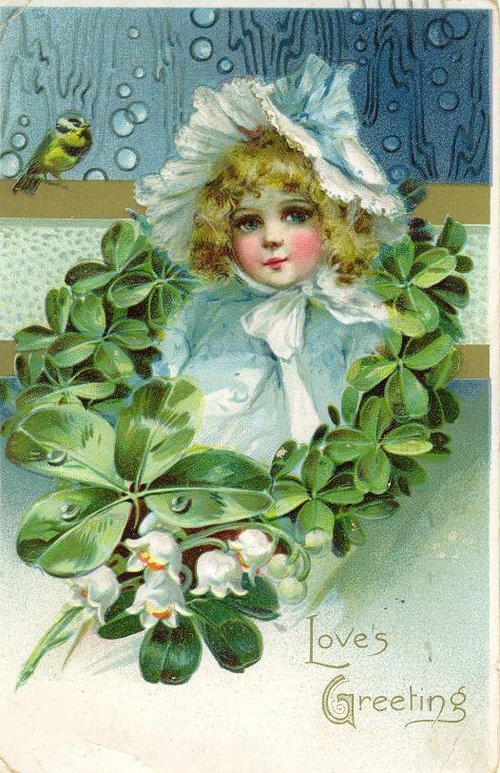 Victorian Love's Greeting Card: Child with Shamrock & Yellow Bird