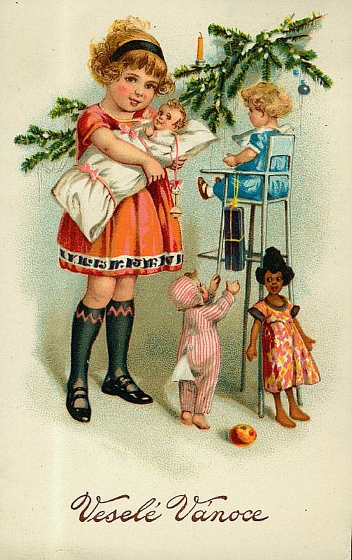 Vintage Christmas Card with Children & Dolls, Edwardian Era