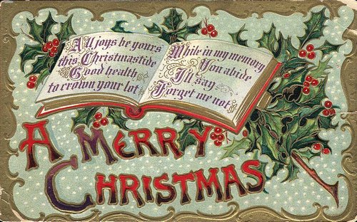 Victorian Christmas Greeting Card with Holly & Religious Message