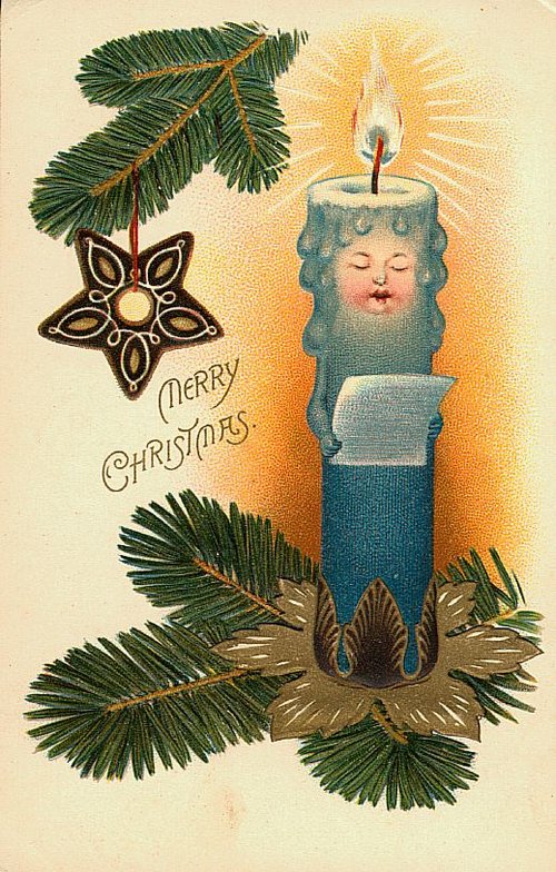 Vintage Christmas Candle Card with Anthropomorphic Face & Evergreen