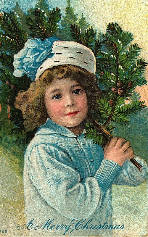 Victorian Christmas Greeting Card Child with Evergreen Branches