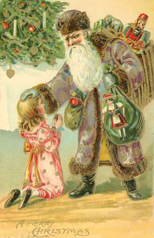 Victorian Christmas Santa with Child - Vintage Greeting Card