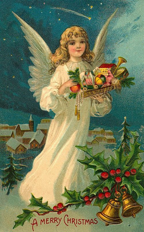 Victorian Christmas Angel Greeting Card with Toys & Holly