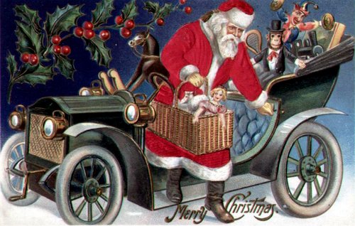 Vintage Christmas Santa in Motor Car Greeting Card, Early 1900s