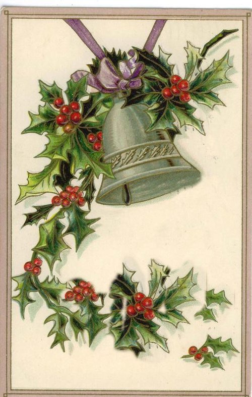 Victorian Christmas Holly Bell Greeting Card with Purple Ribbon