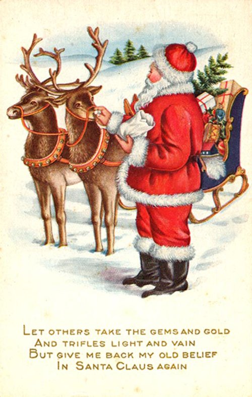 Vintage Santa Claus Christmas Card with Reindeer, Early 1900s