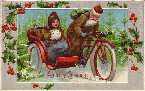 Victorian Christmas Greeting Card Santa Bicycle Sidecar