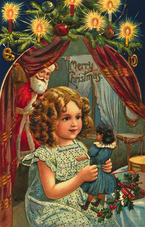 Victorian Christmas Card with Santa, Child & Doll - Chromolithograph