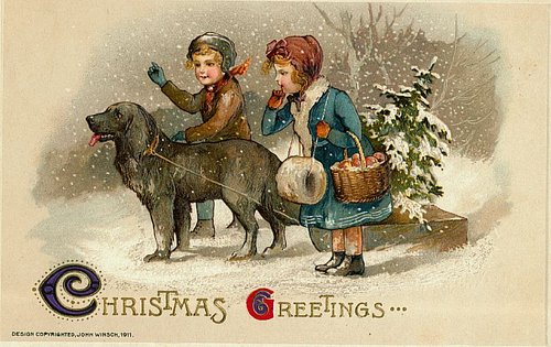 Victorian Christmas Greetings Card with Children & Dog