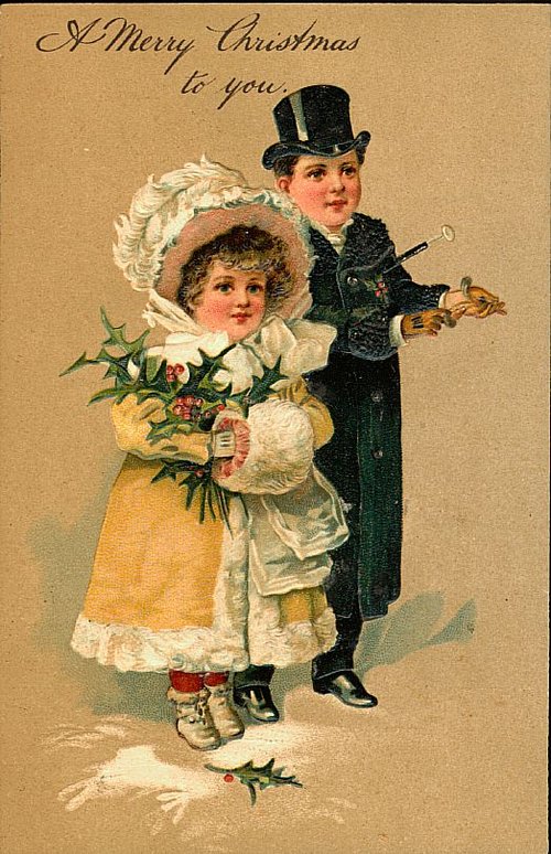 Victorian Christmas Card with Children in Winter Finery