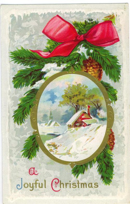 Victorian Christmas Greeting Card with Winter Cottage Scene