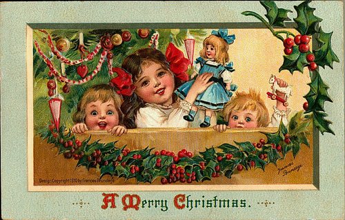 Victorian Christmas Card Children Doll Holly Garland 1910s