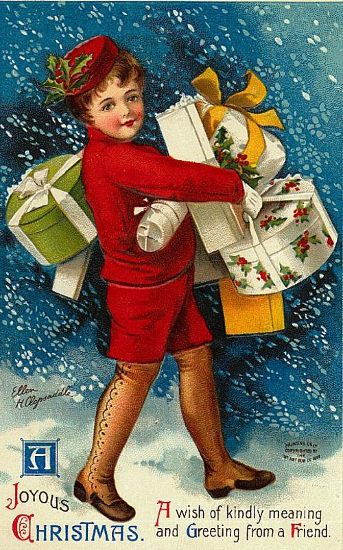 Vintage Christmas Child Carrying Gifts Snow Greeting Card