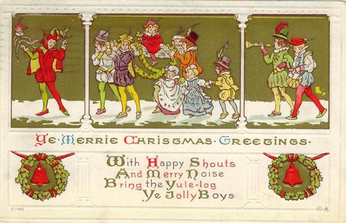 Edwardian Christmas Card with Jester Elf Children Carolers