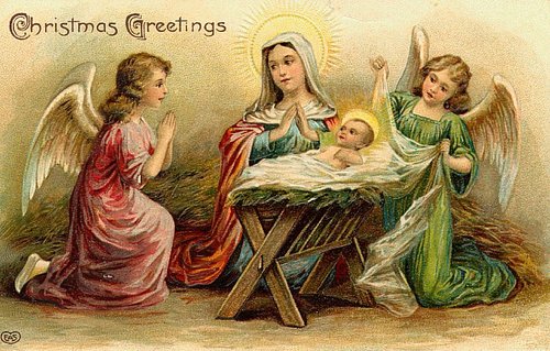 Victorian Christmas Greeting Card with Angels and Nativity Scene