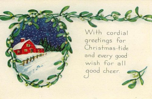 Victorian Christmas Greeting Card with Mistletoe & Snowy Cottage