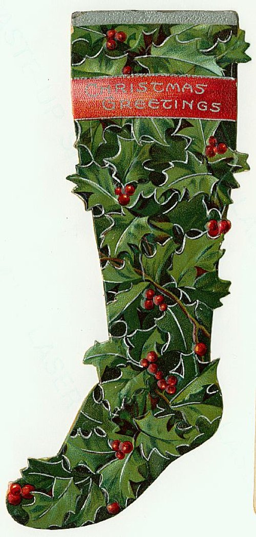 Victorian Christmas Stocking Die-Cut Greeting Card Holly Berries