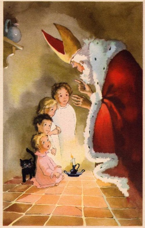 Victorian Christmas Card: Saint Nicholas with Children & Black Cat