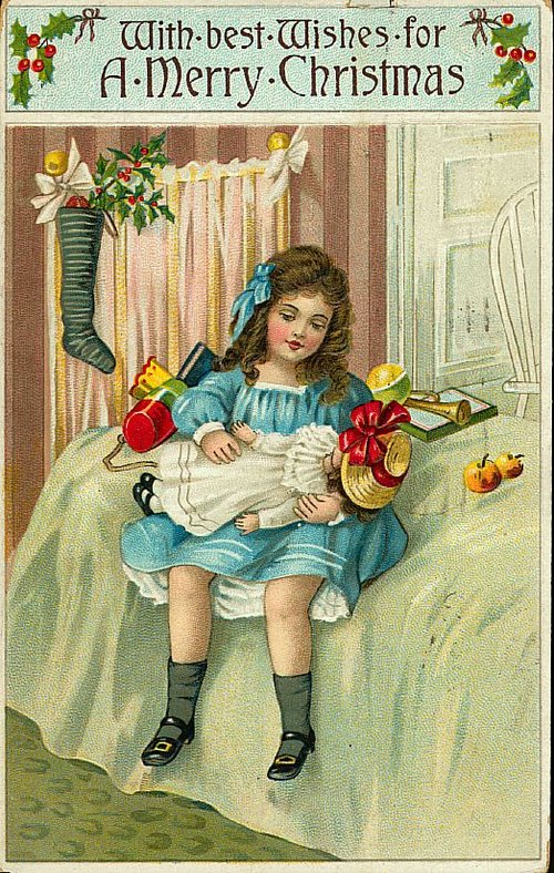 Victorian Christmas Greeting Card - Girl with Gifts & Holly