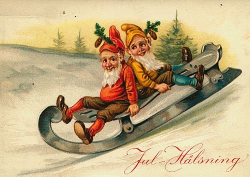 Victorian Christmas Gnomes Sledding Vintage Greeting Card