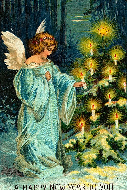 Victorian Angel New Year Greeting Card with Illuminated Candle Tree