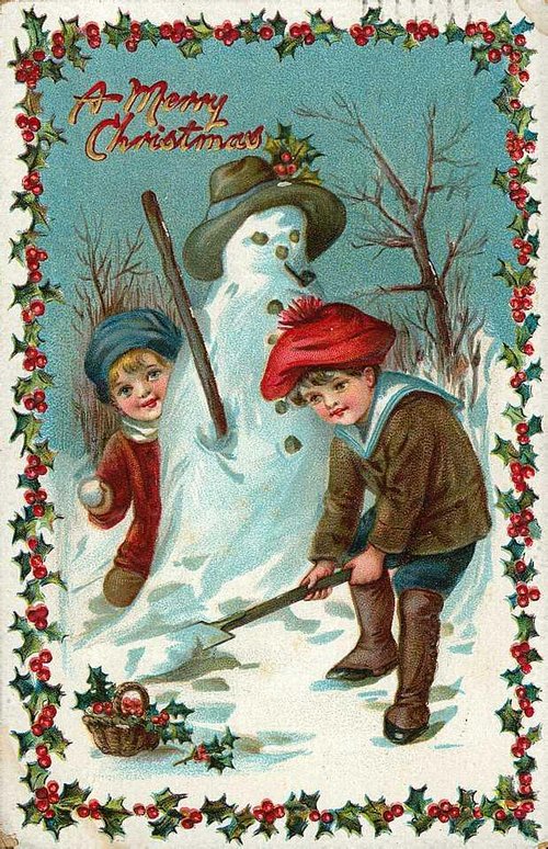 Victorian Christmas Greeting Card: Children Building Snowman