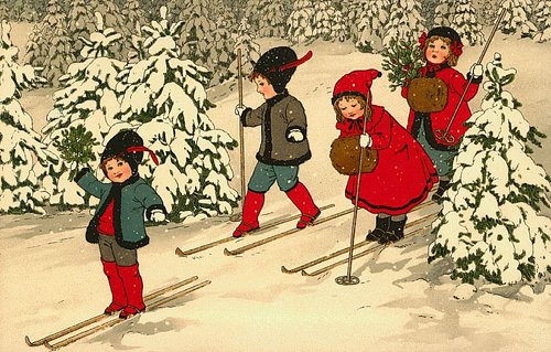 Vintage Winter Skiing Children in Snow Forest Greeting Card