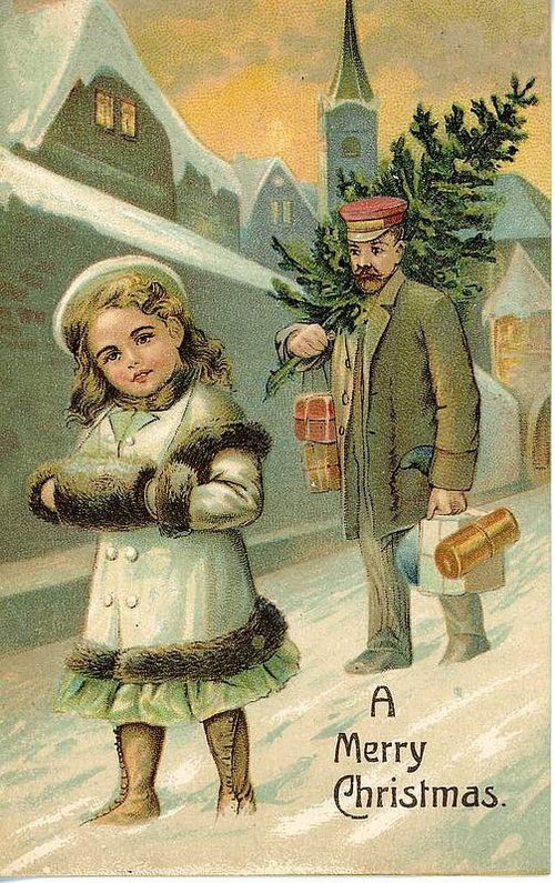 Victorian Christmas Greeting Card: Girl and Man with Gifts & Snow Village