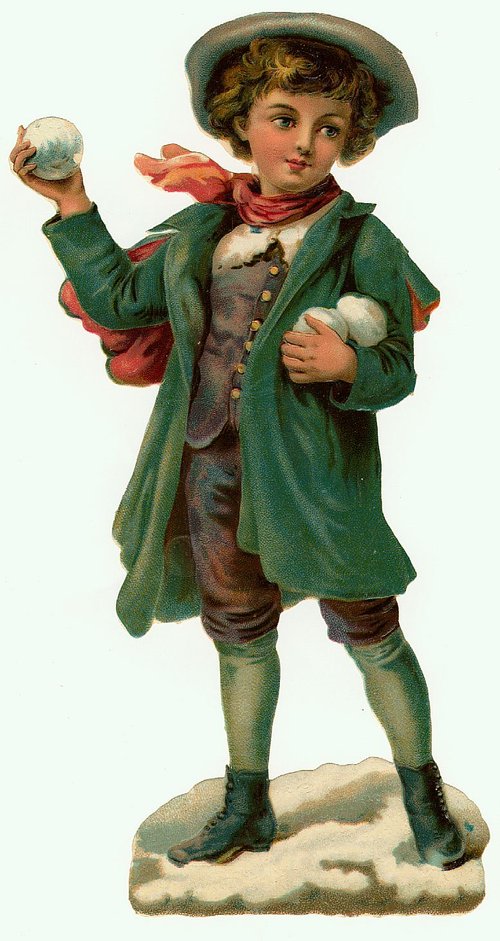 Victorian Winter Boy Snowball Die-Cut Greeting Card