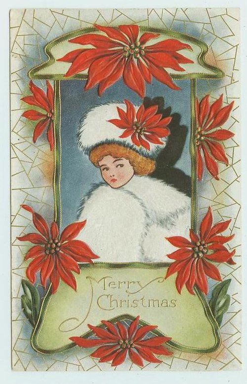 Vintage Victorian Christmas Card: Girl in Fur Hat & Poinsettias