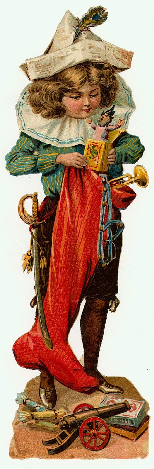 Victorian Die-Cut Soldier Boy with Toys & Oversized Red Stocking