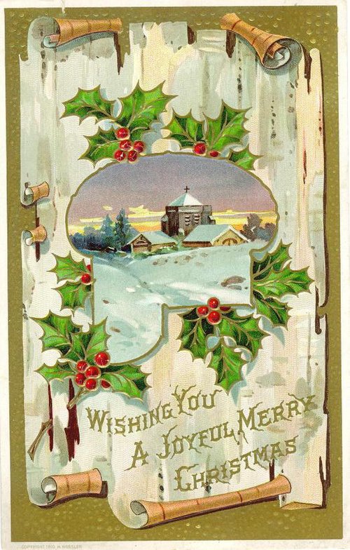 Victorian Christmas Greeting Card with Winter Village Scene
