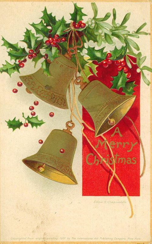 Victorian Christmas Greeting Card with Gold Bells & Holly