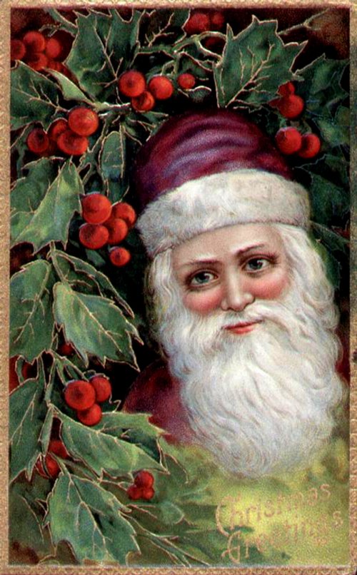 Victorian Santa Claus Holly Berry Christmas Greeting Card