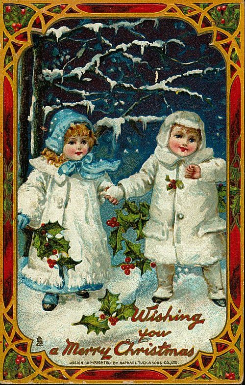 Victorian Christmas Greeting Card with Children in Snow
