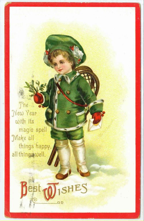 Edwardian New Year Greeting Card with Child in Green Military Coat