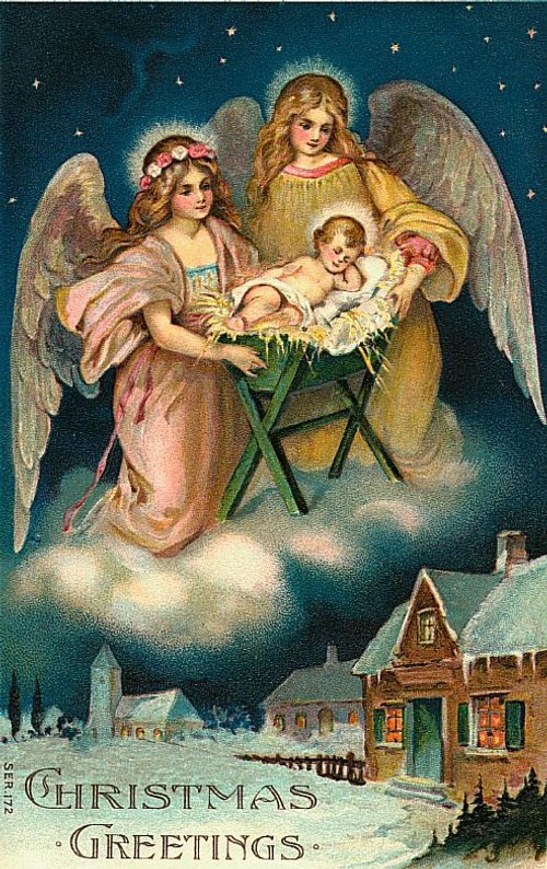Victorian Christmas Angels with Baby Jesus Greeting Card