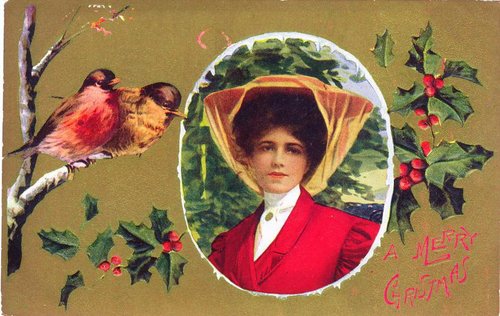 Victorian Christmas Greeting Card with Robin and Holly