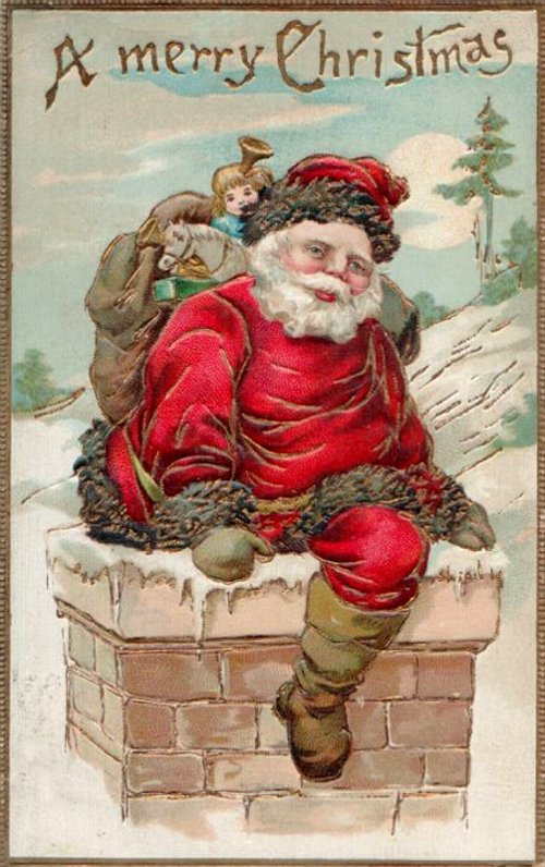 Victorian Christmas Santa Chimney Greeting Card, 1890s